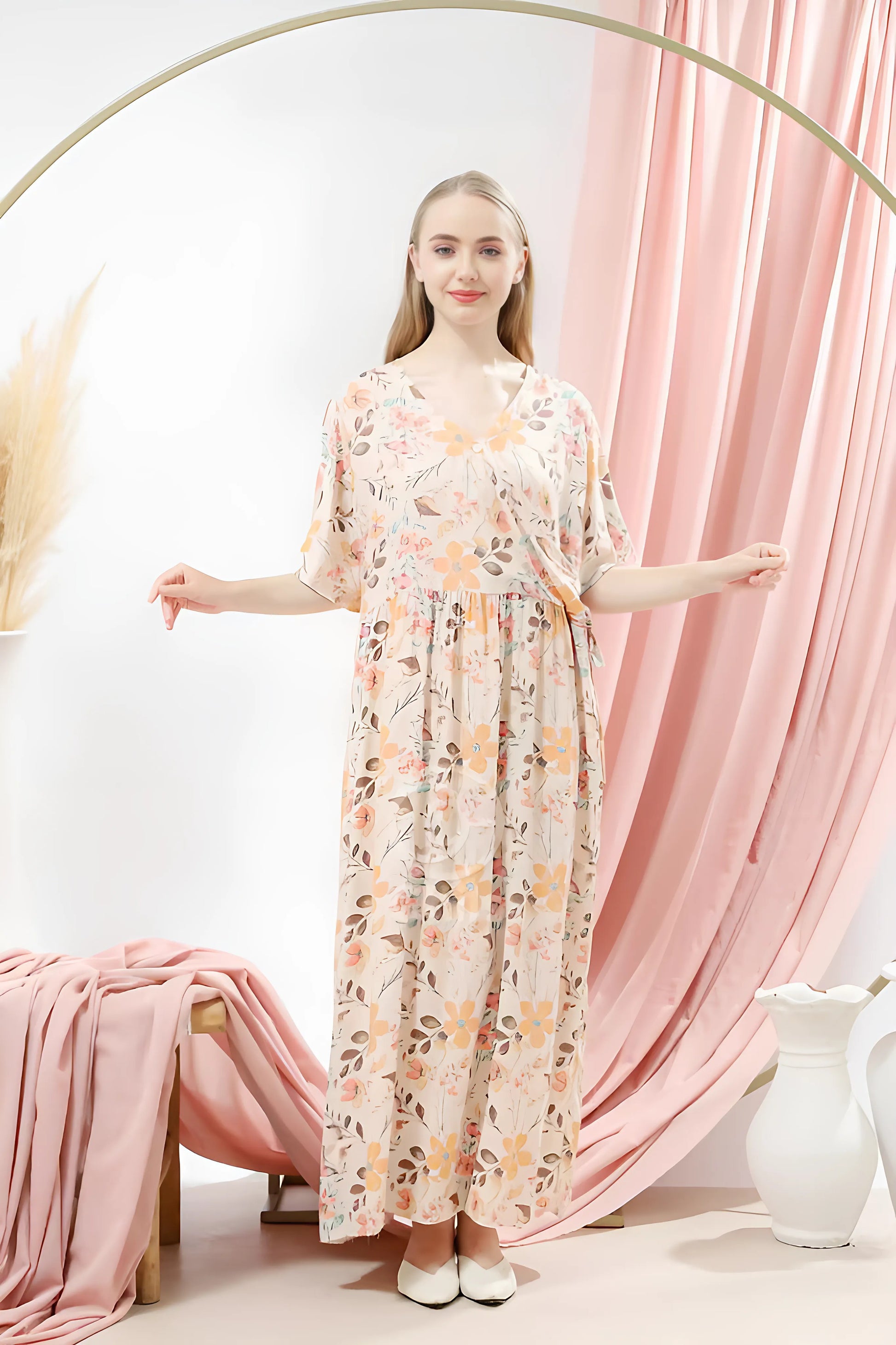 Premium Cotton Rayon Twill Floral Pajamas Dress for Women with V Neckline Adjustable Waist Soft Breathable and Comfortable 