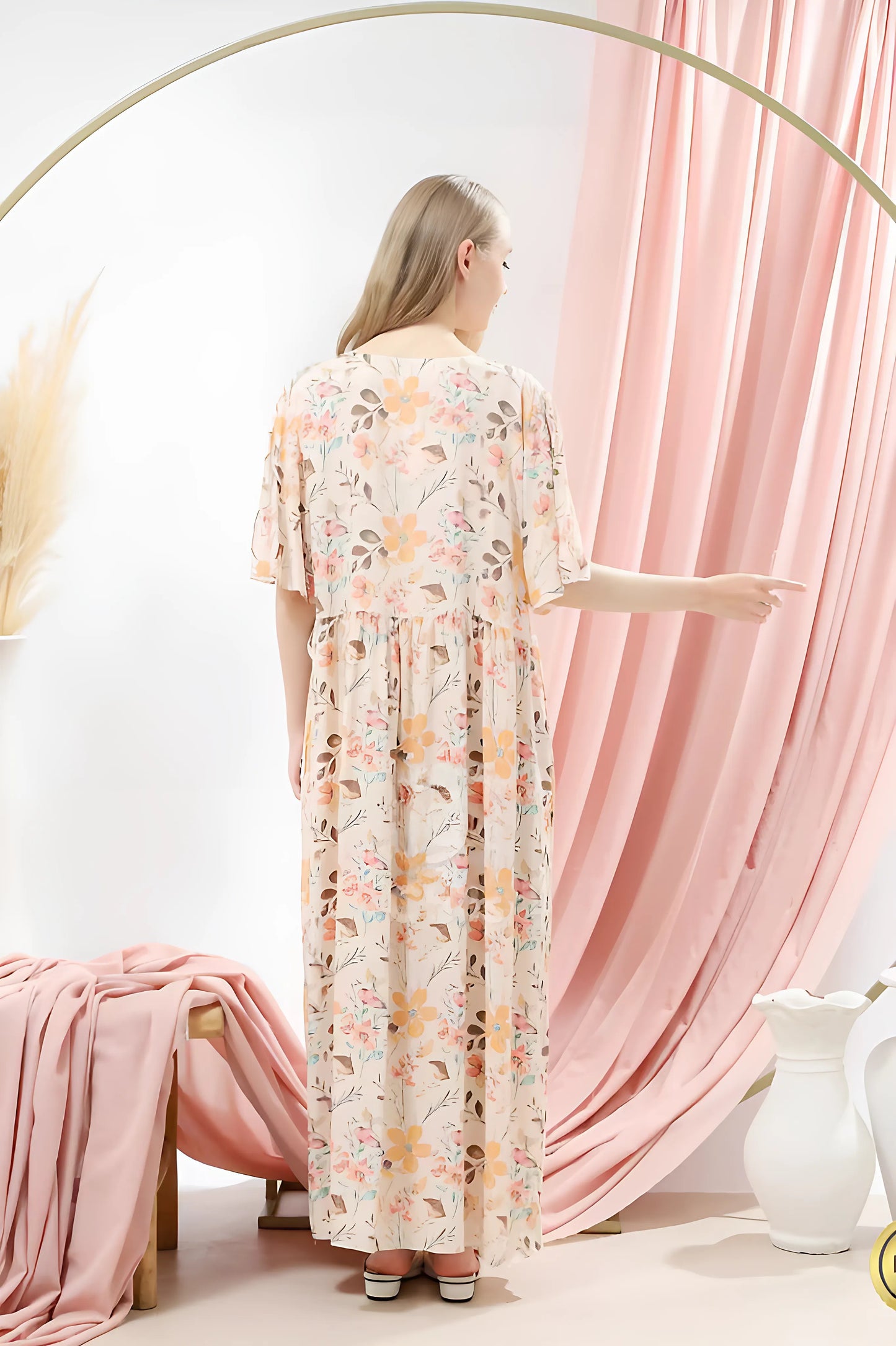 Premium Cotton Rayon Twill Floral Pajamas Dress for Women with V Neckline Adjustable Waist Soft Breathable and Comfortable 