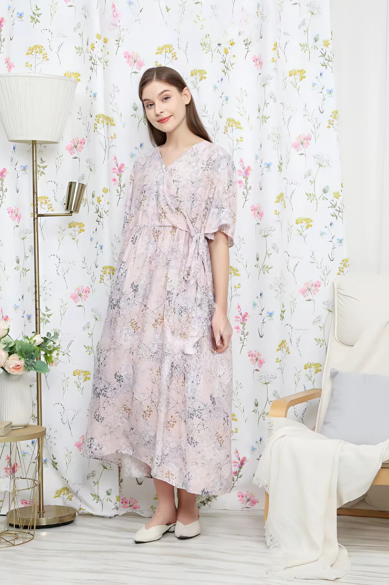 Premium Cotton Rayon Twill Floral Pajamas Dress for Women with V Neckline Adjustable Waist Soft Breathable and Comfortable 
