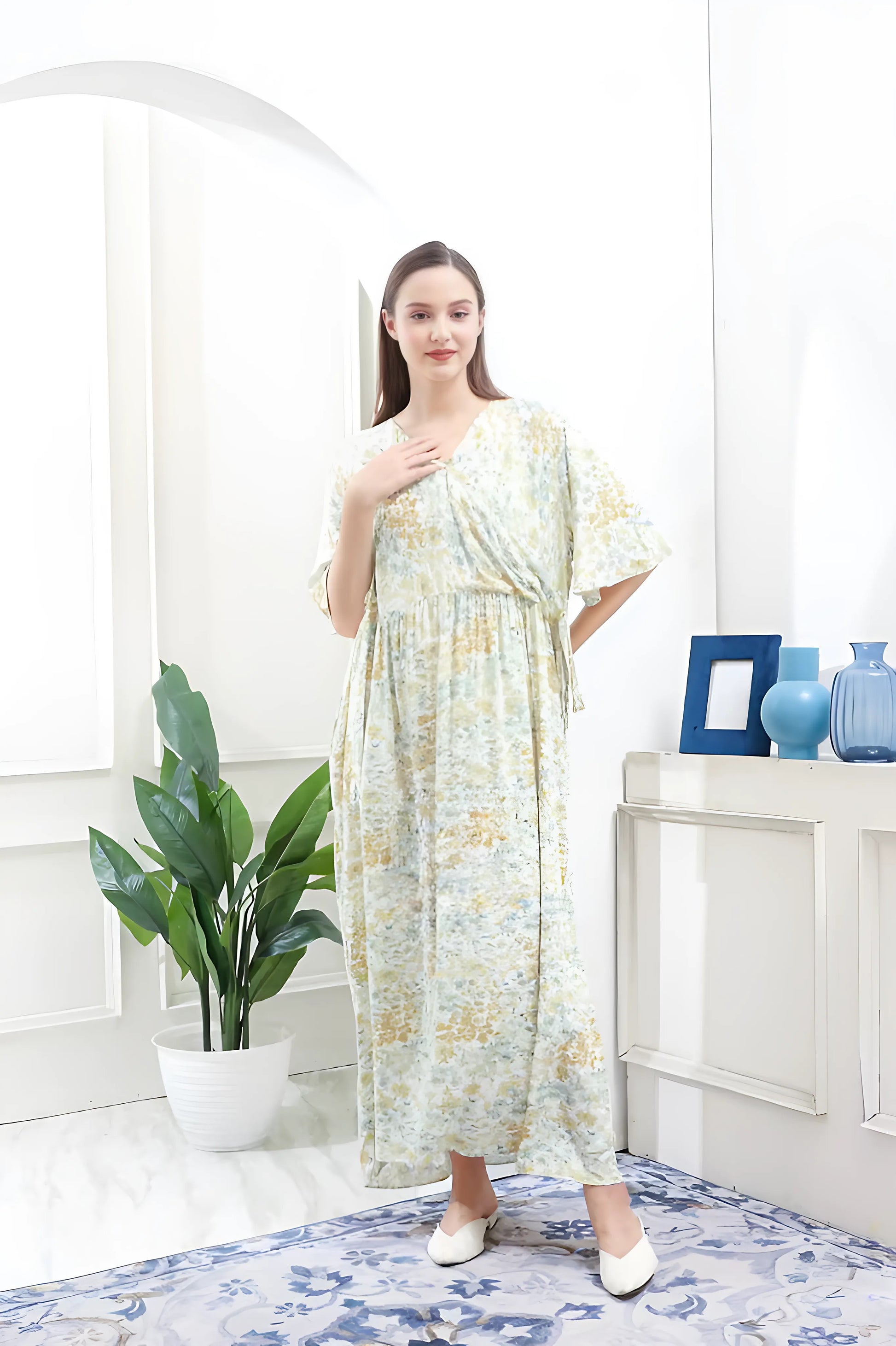 Premium Cotton Rayon Twill Floral Pajamas Dress for Women with V Neckline Adjustable Waist Soft Breathable and Comfortable 