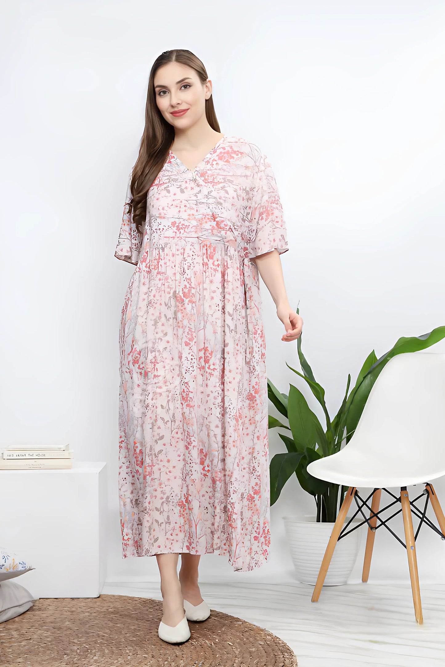 Premium Cotton Rayon Twill Floral Pajamas Dress for Women with V Neckline Adjustable Waist Soft Breathable and Comfortable 