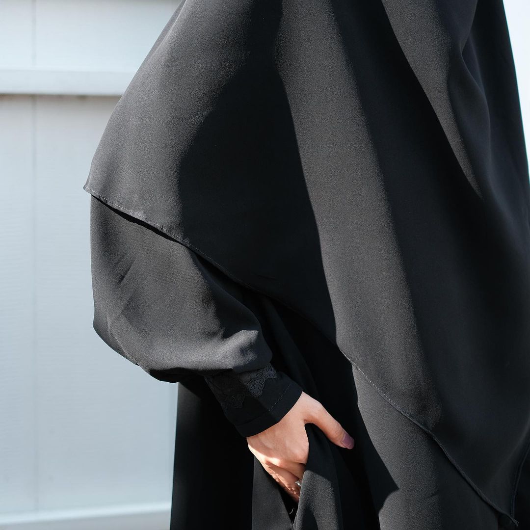 Abaya Marzi Full Black Transformer or Basic Non-Pad Khimar with Organdi Lace Free Half Niqab or Niqab Bandana