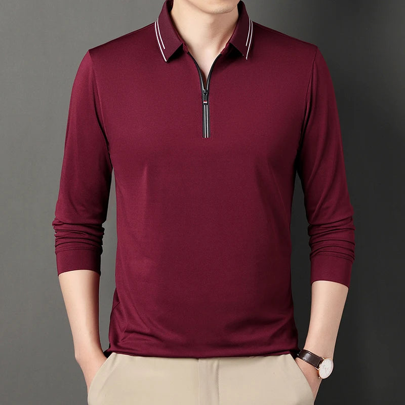 New Men Polo Shirts Long Sleeve Turn-down Collar T-shirts Zipper Business Casual Men Clothing