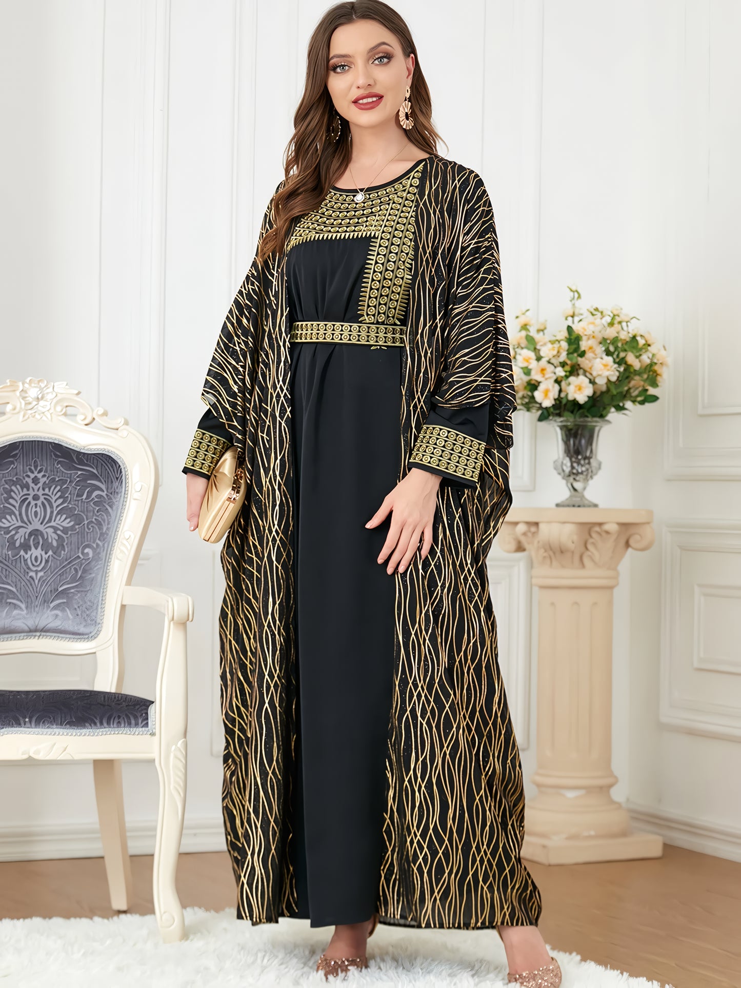 Alesyari Shop I Chiffon Mantle with Satin Embroidery Set, Elegant Two-Piece Spring Dress Set for Women