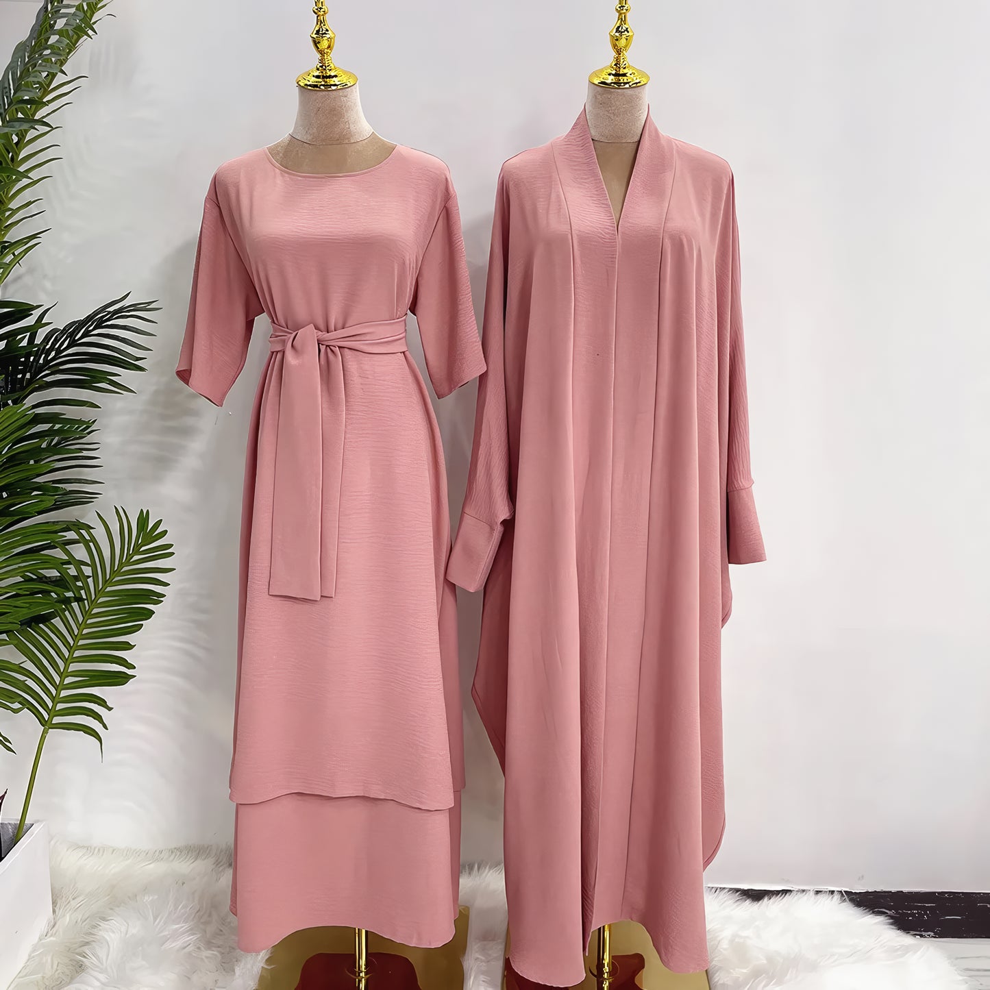 Stylish 2-Piece Muslim Abaya Set for Eid: Dubai, Turkey, Short-Sleeved Inner Dress