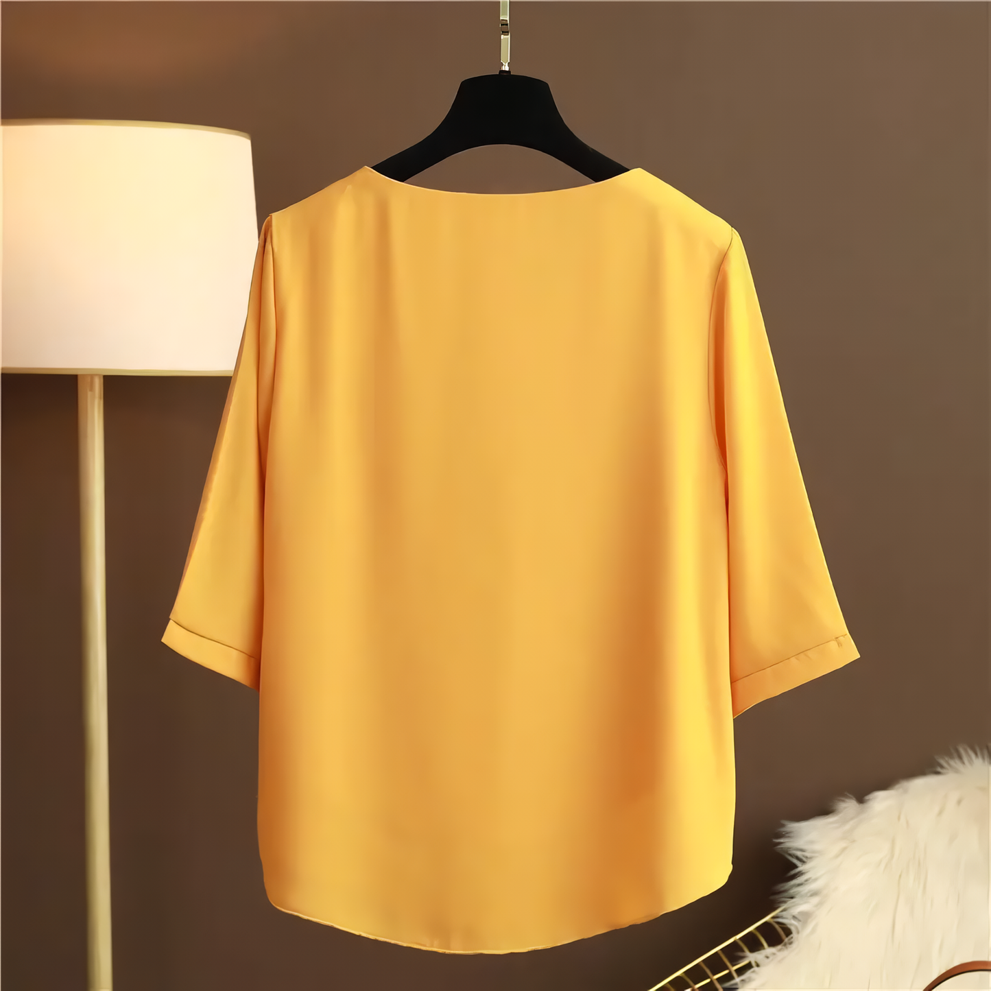 European Station Spring and Summer New Light Luxury Solid Color Chiffon Round Neck Shirt Loose Large Size Short-sleeved Shirt