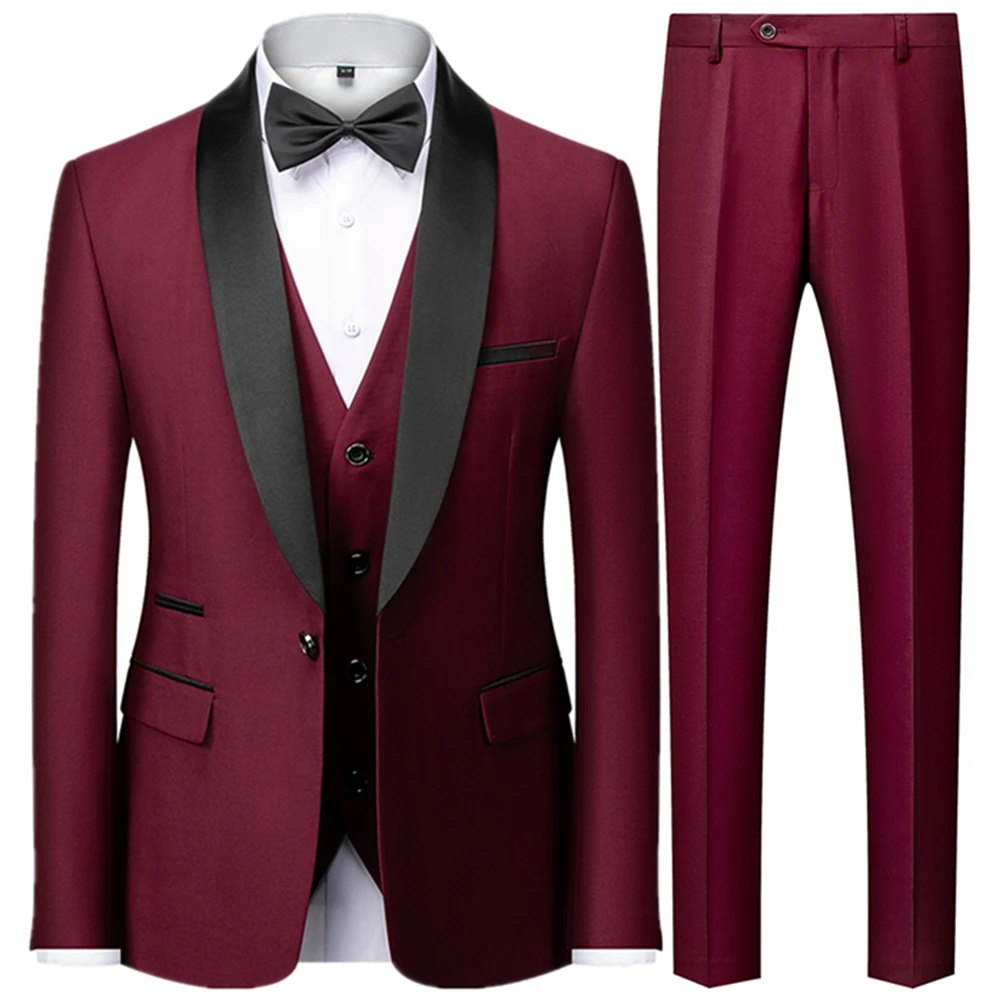 Alesyar'i Shop I Men Mariage Color Block Collar Suits Jacket Trousers Waistcoat Male Business Casual Wedding Blazers Coat Vest Pants 3 Pieces Set