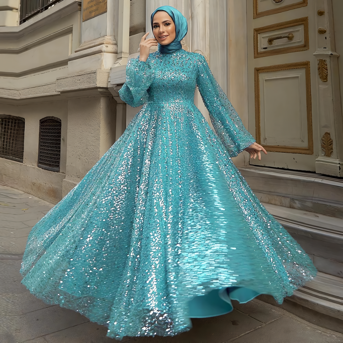 Alesyari Shop I 2023 Dubai A-Line Evening Wedding Gown for Muslim Women High Neck Long Sleeve Plus Size Sequined Formal Party Prom Dress