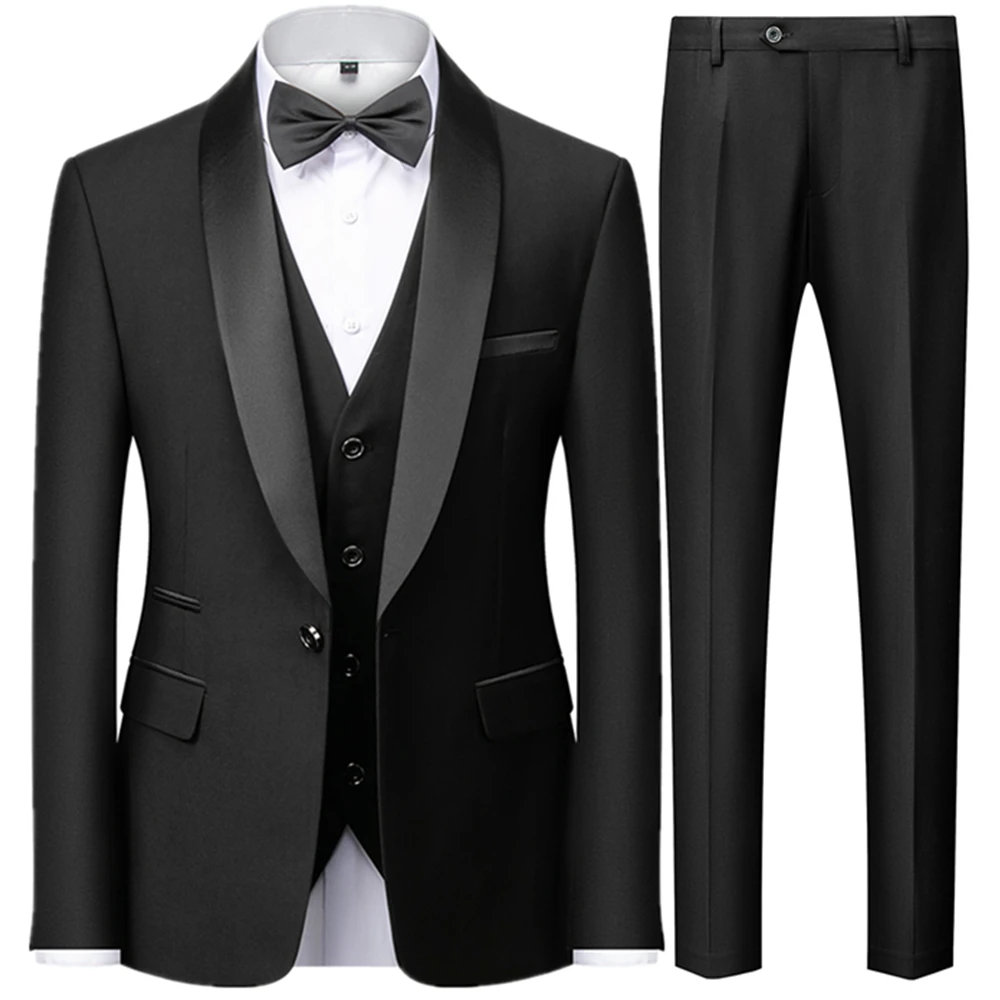 Alesyar'i Shop I Men Mariage Color Block Collar Suits Jacket Trousers Waistcoat Male Business Casual Wedding Blazers Coat Vest Pants 3 Pieces Set