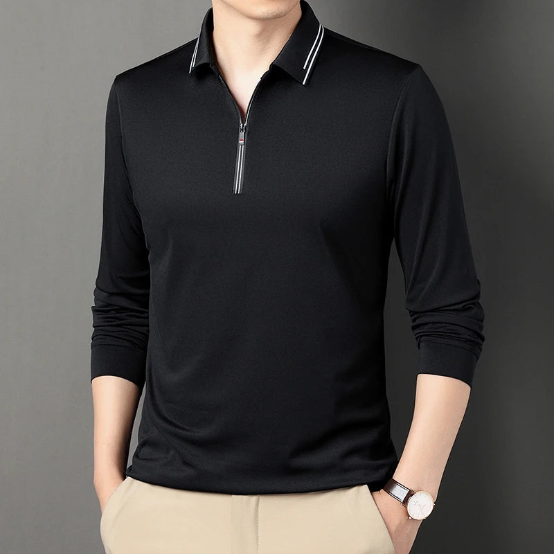 New Men Polo Shirts Long Sleeve Turn-down Collar T-shirts Zipper Business Casual Men Clothing