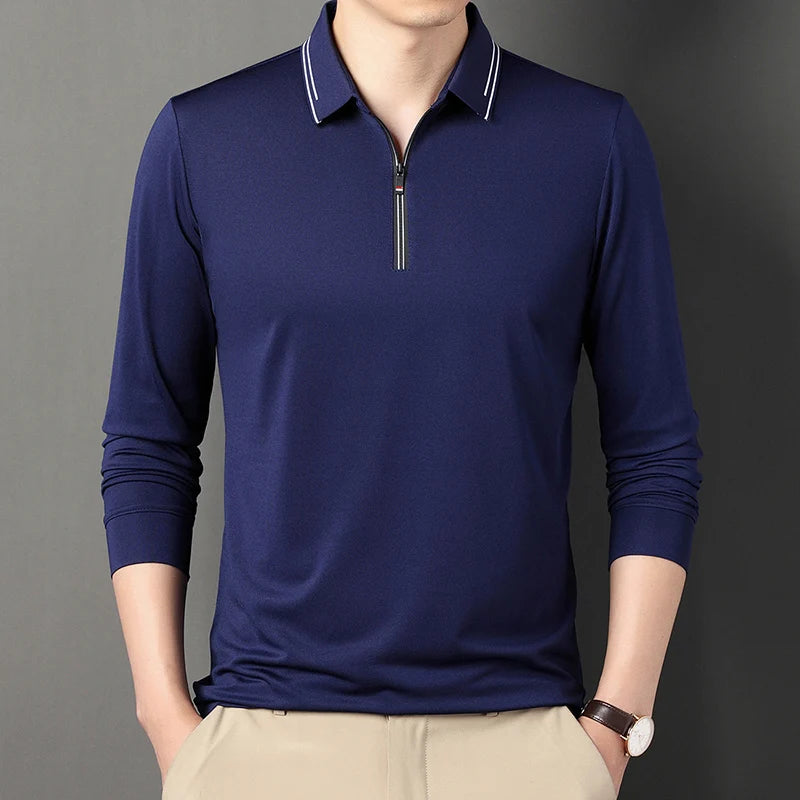 New Men Polo Shirts Long Sleeve Turn-down Collar T-shirts Zipper Business Casual Men Clothing