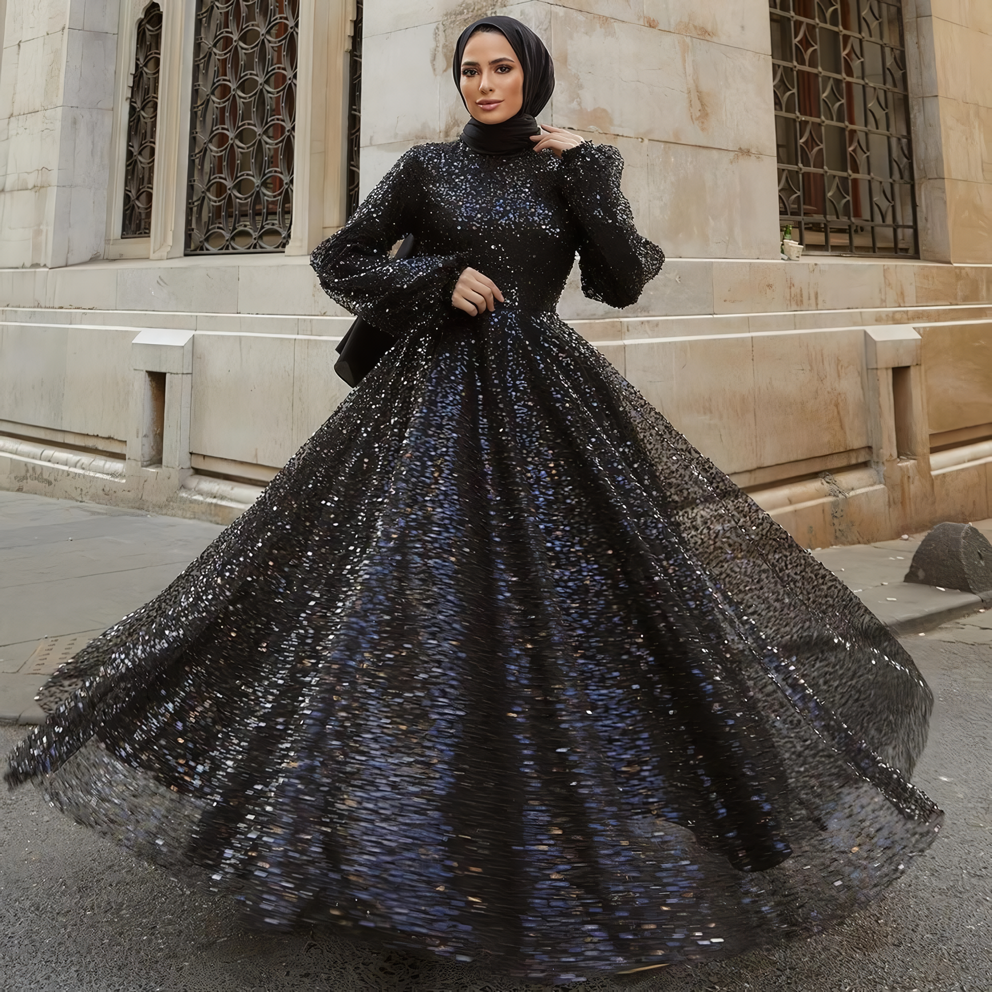 Alesyari Shop I 2023 Dubai A-Line Evening Wedding Gown for Muslim Women High Neck Long Sleeve Plus Size Sequined Formal Party Prom Dress