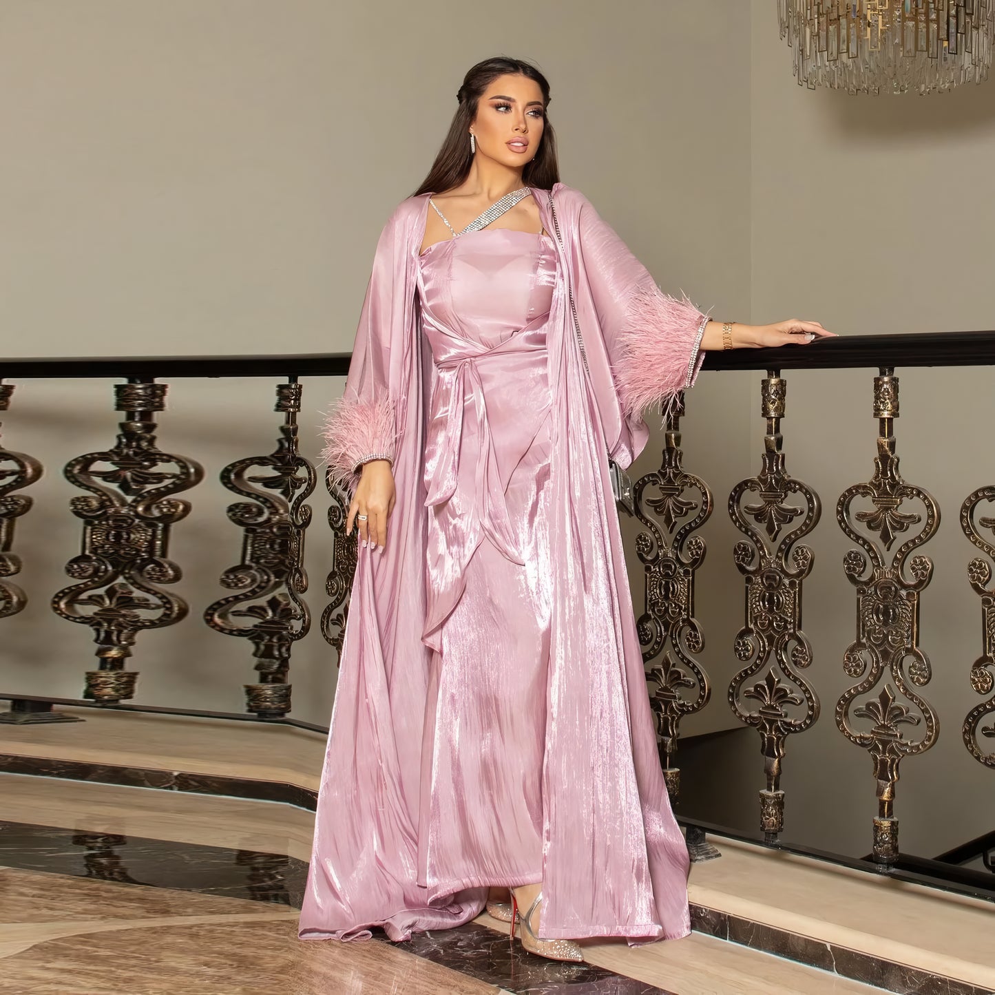 Moroccan Muslim 3-Piece Evening Gown Set with Feather Abaya