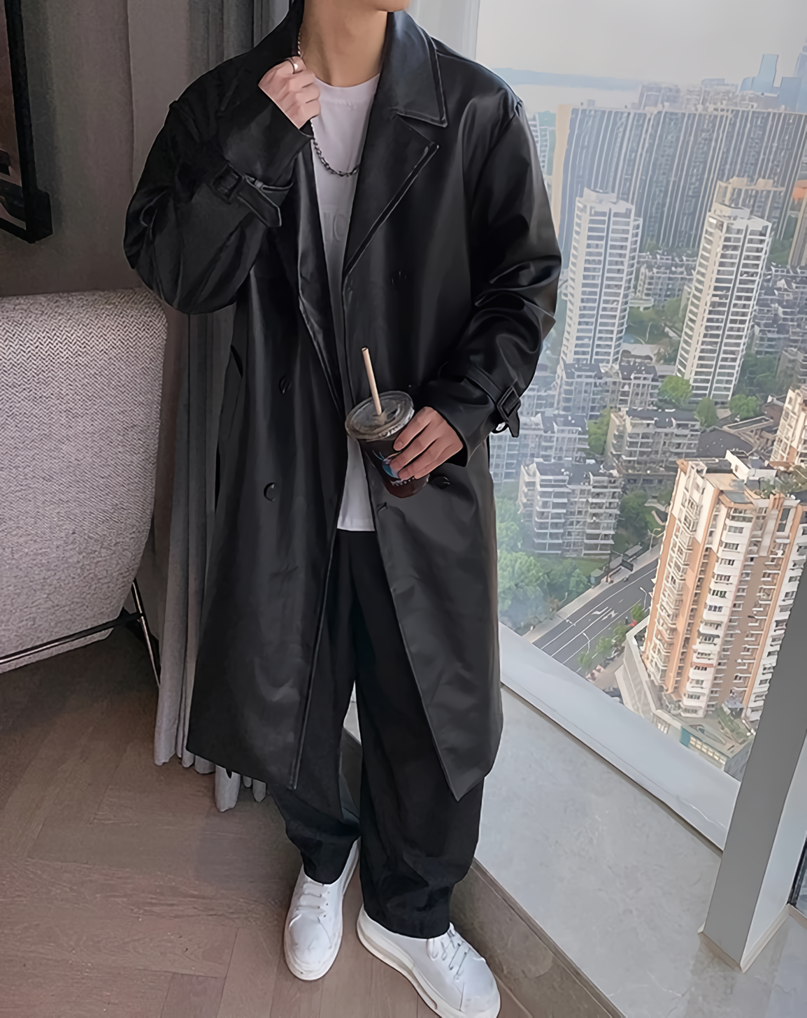 Men's Oversized Faux Leather Trench Coat: Long and Stylish, Ideal for Spring to Autumn