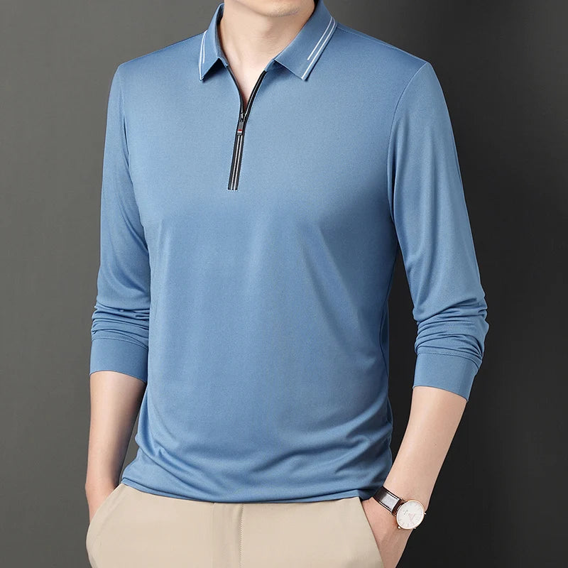 New Men Polo Shirts Long Sleeve Turn-down Collar T-shirts Zipper Business Casual Men Clothing