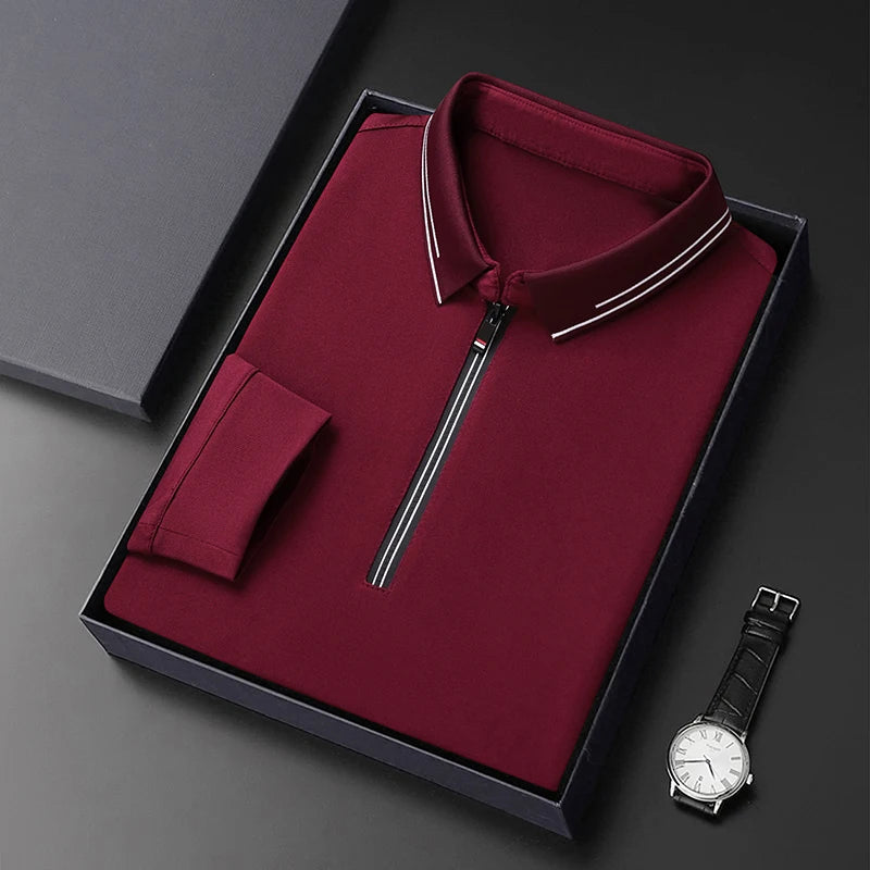 New Men Polo Shirts Long Sleeve Turn-down Collar T-shirts Zipper Business Casual Men Clothing