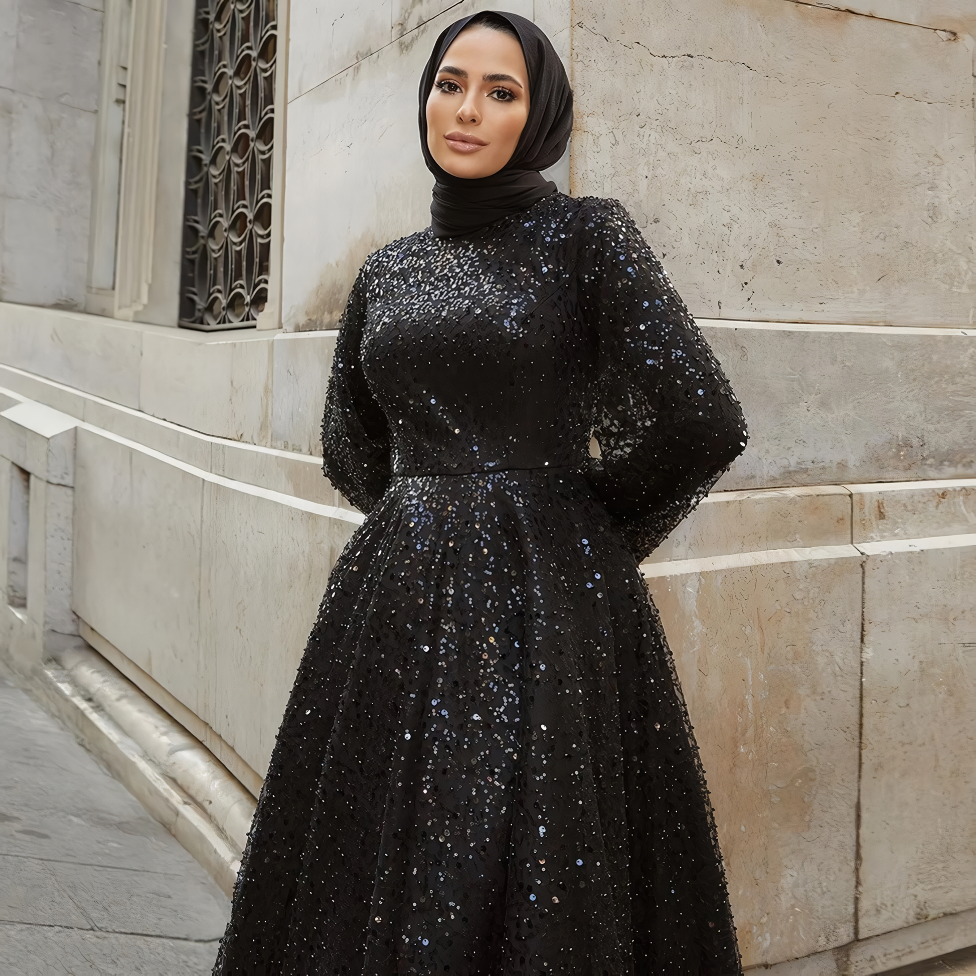 Alesyari Shop I 2023 Dubai A-Line Evening Wedding Gown for Muslim Women High Neck Long Sleeve Plus Size Sequined Formal Party Prom Dress