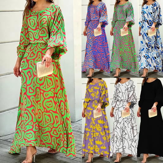 Alesyari Shop I Green Printed Long Sleeve Top with High Waist Skirt Suit for Women's Loose Waist in Spring and Autumn