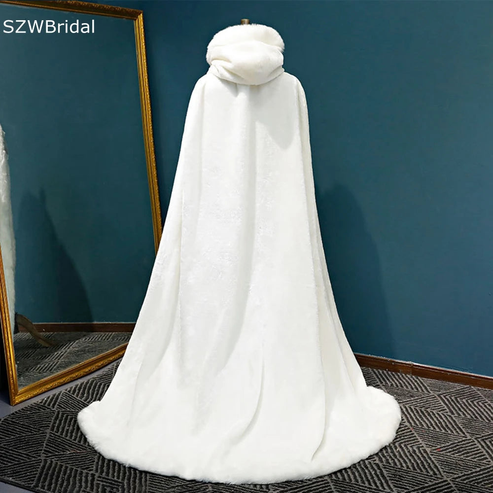 New Arrival Winter Long warm Wedding capes white wedding cloak Floor Length Bride shawl Faux fur cape coat adult Bridal Wrap