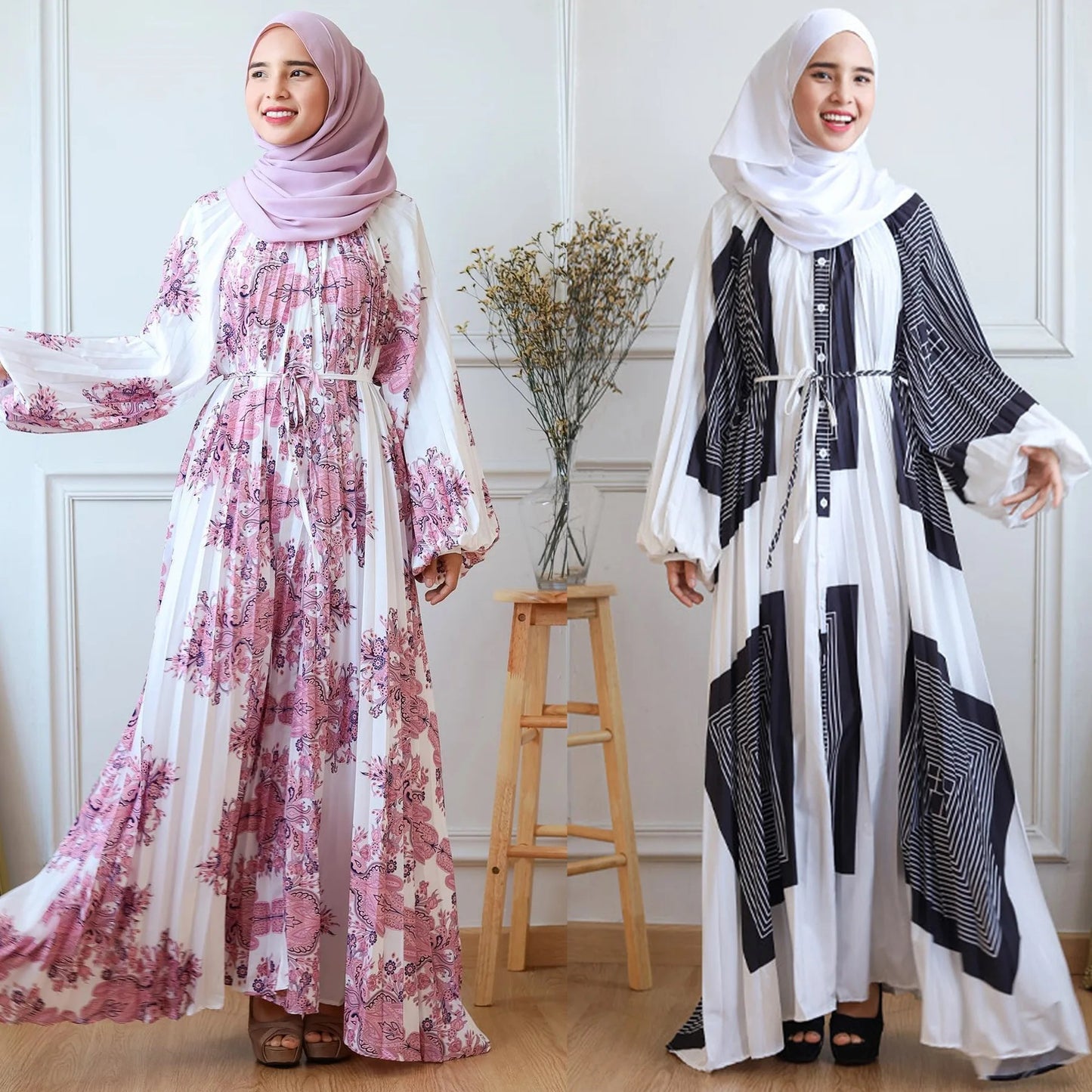 Alesyari Shop I 2023 New Pattern Long Dress with Muslim Women's Hijab - Lantern Sleeve, Loose Fit, Elegant Islamic Attire from Dubai