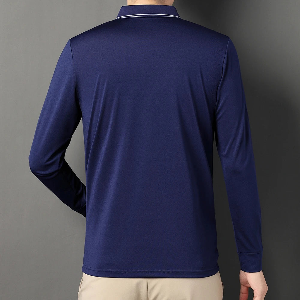 New Men Polo Shirts Long Sleeve Turn-down Collar T-shirts Zipper Business Casual Men Clothing