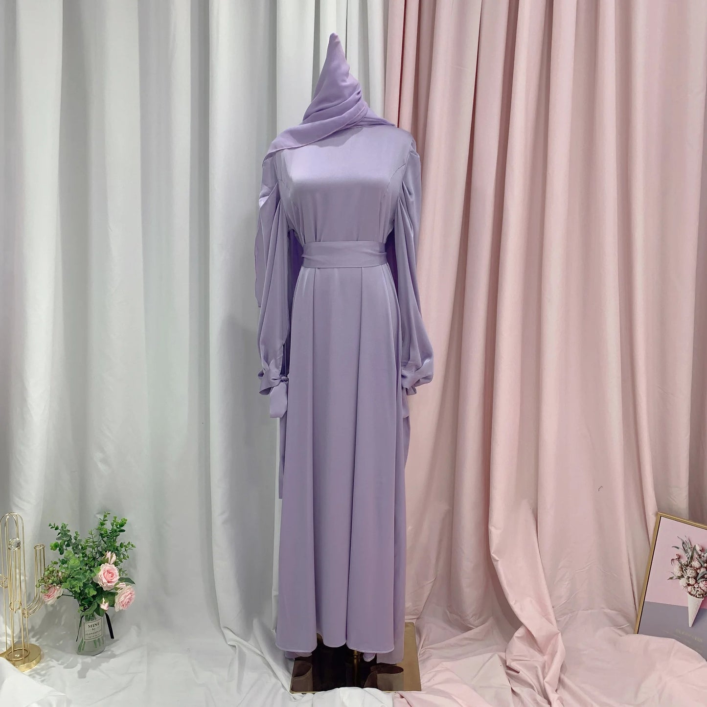 Alesyari Shop I Islamic Satin Dress with Balloon Sleeves and Ribbon, perfect for Eid Mubarak and Turkish style