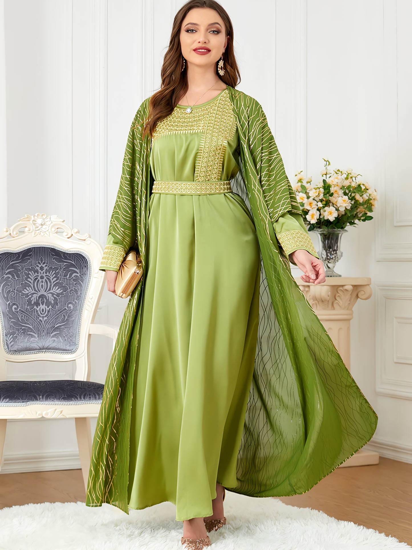 Alesyari Shop I Chiffon Mantle with Satin Embroidery Set, Elegant Two-Piece Spring Dress Set for Women