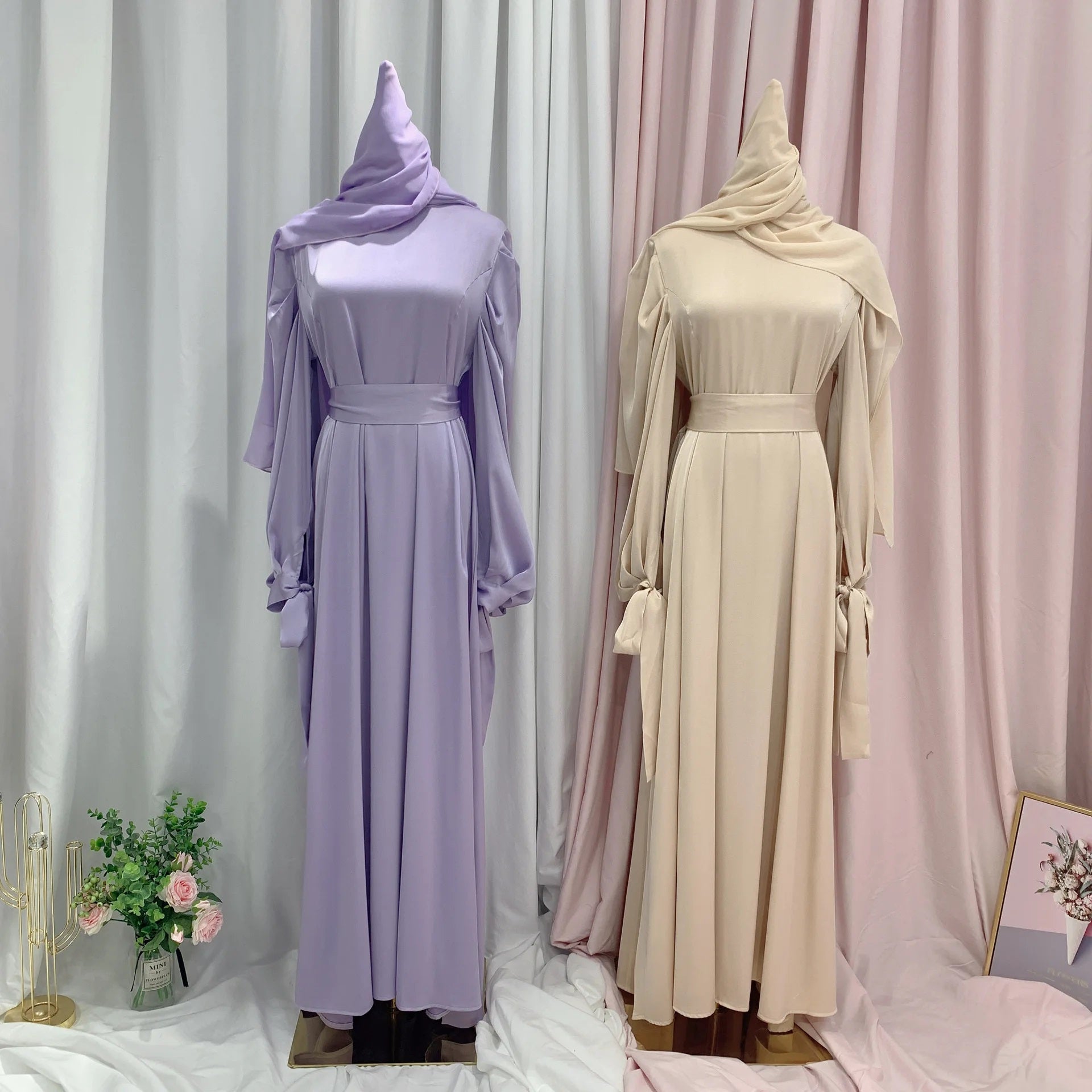 Alesyari Shop I Islamic Satin Dress with Balloon Sleeves and Ribbon, perfect for Eid Mubarak and Turkish style