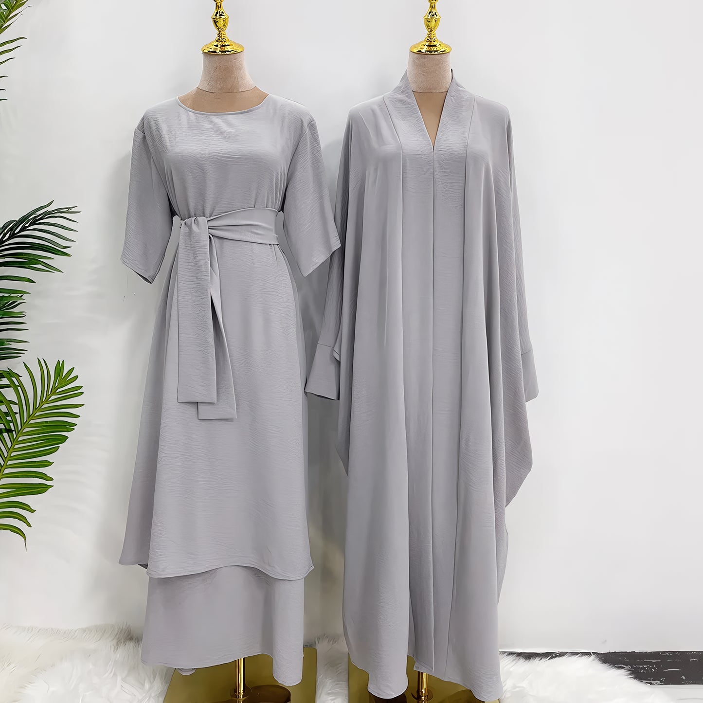 Stylish 2-Piece Muslim Abaya Set for Eid: Dubai, Turkey, Short-Sleeved Inner Dress