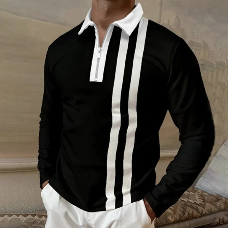 2024 New Autumn Men's Long Sleeve Polo Collar Black and White Contrast Loose POLO Shirt Men's Polo Shirt