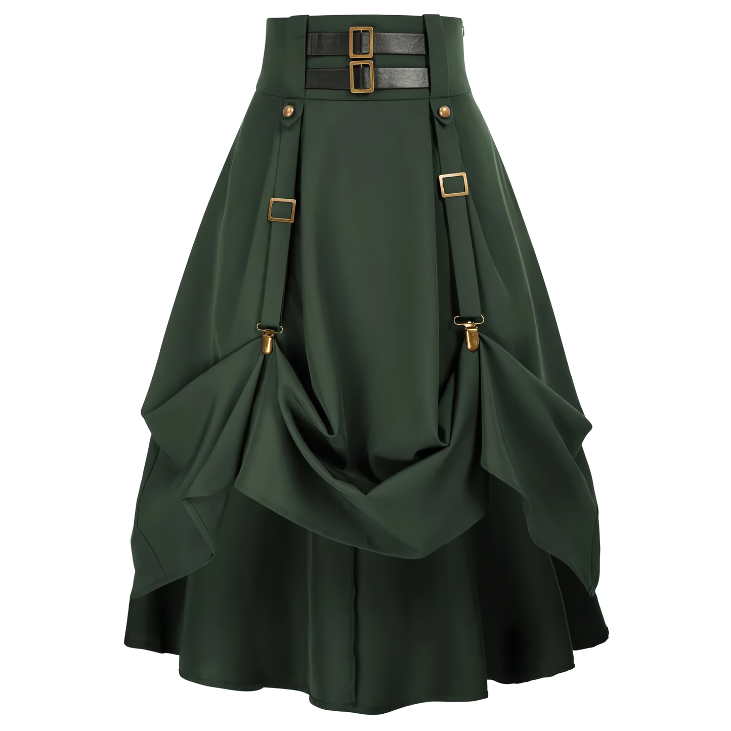 Goth Steampunk Midi Skirt: High Waist, Stretch, A-Line with Pockets, Adjustable Length