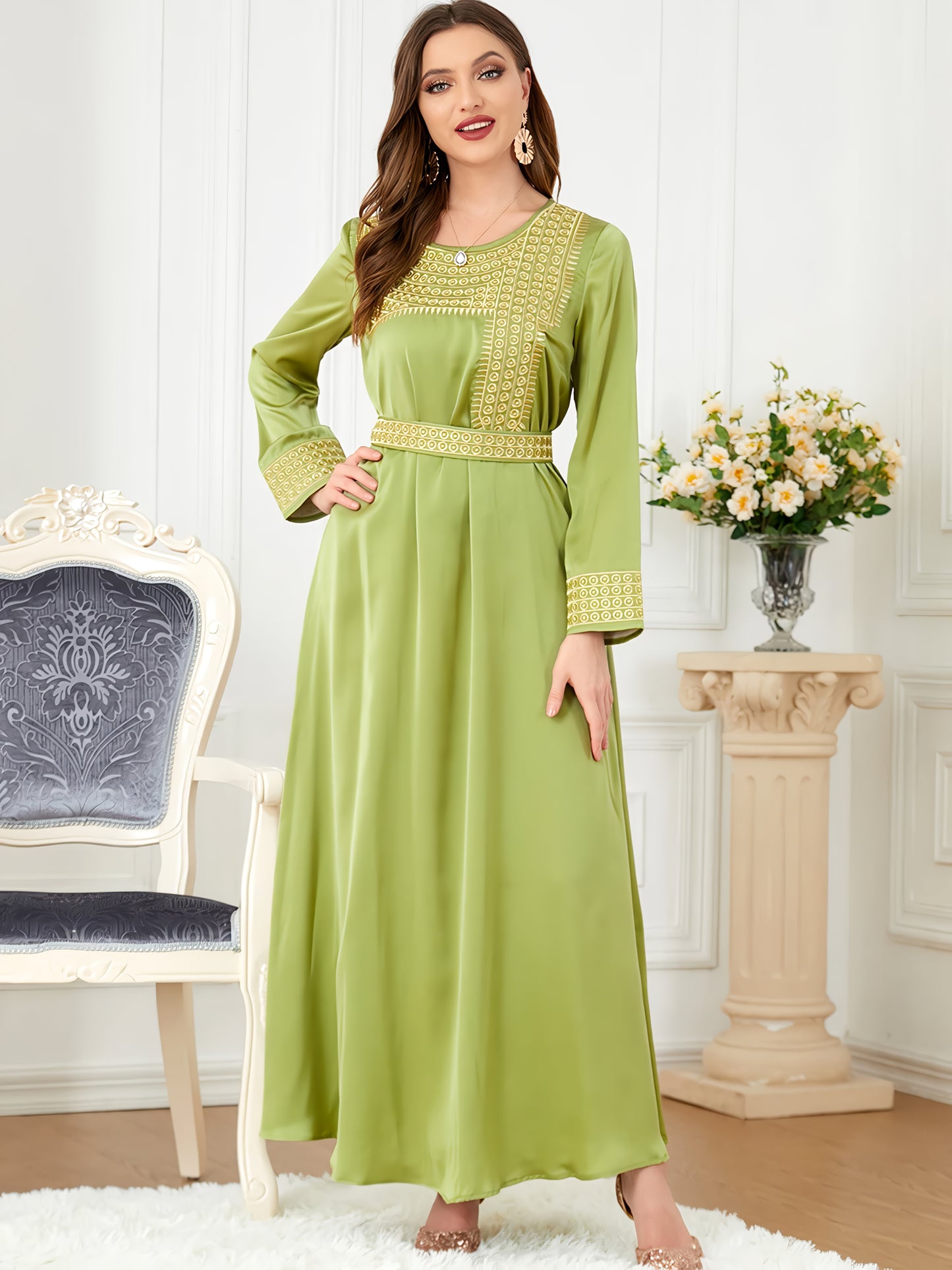 Alesyari Shop I Chiffon Mantle with Satin Embroidery Set, Elegant Two-Piece Spring Dress Set for Women