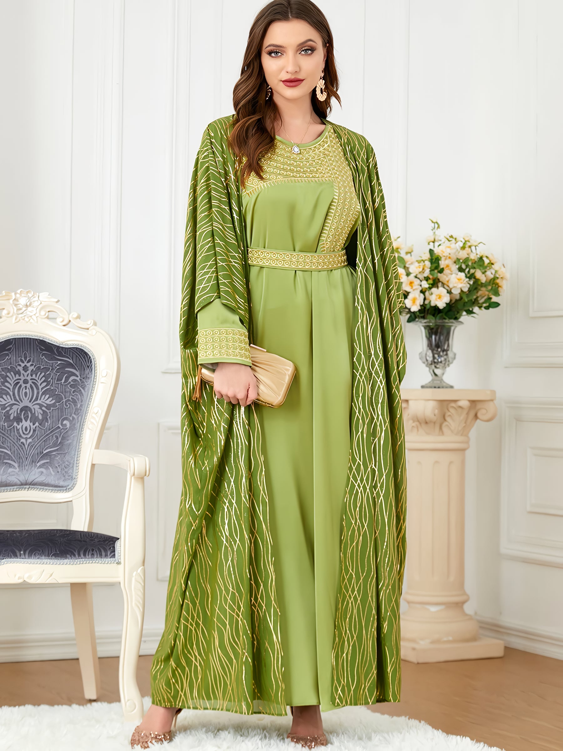 Alesyari Shop I Chiffon Mantle with Satin Embroidery Set, Elegant Two-Piece Spring Dress Set for Women