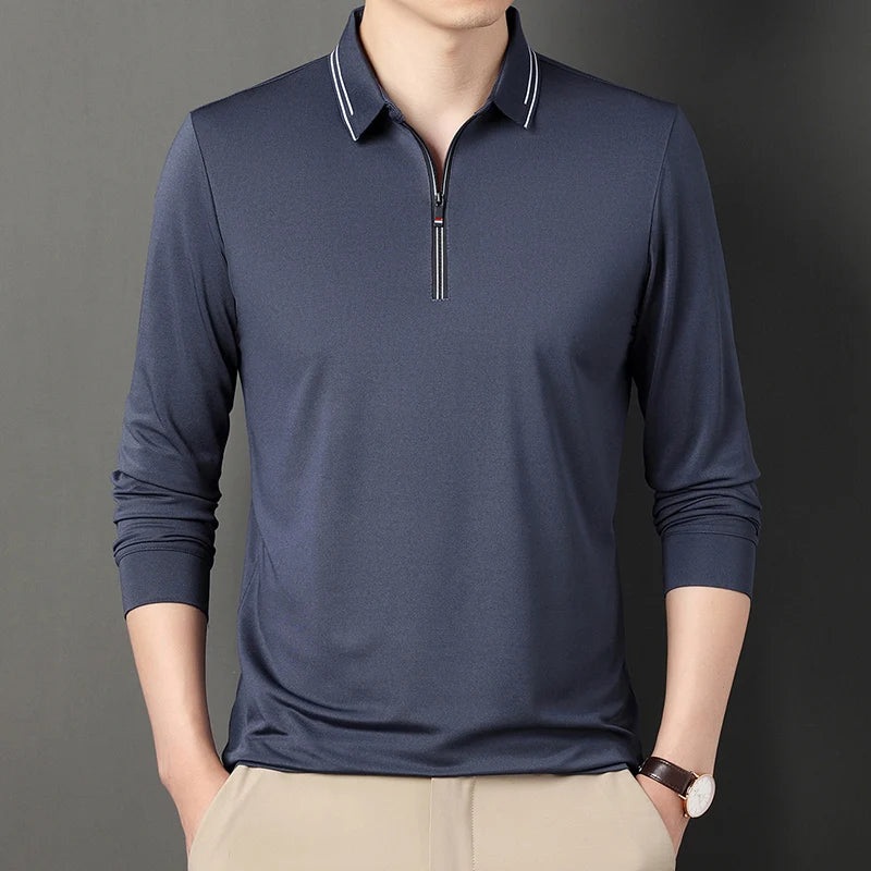 New Men Polo Shirts Long Sleeve Turn-down Collar T-shirts Zipper Business Casual Men Clothing