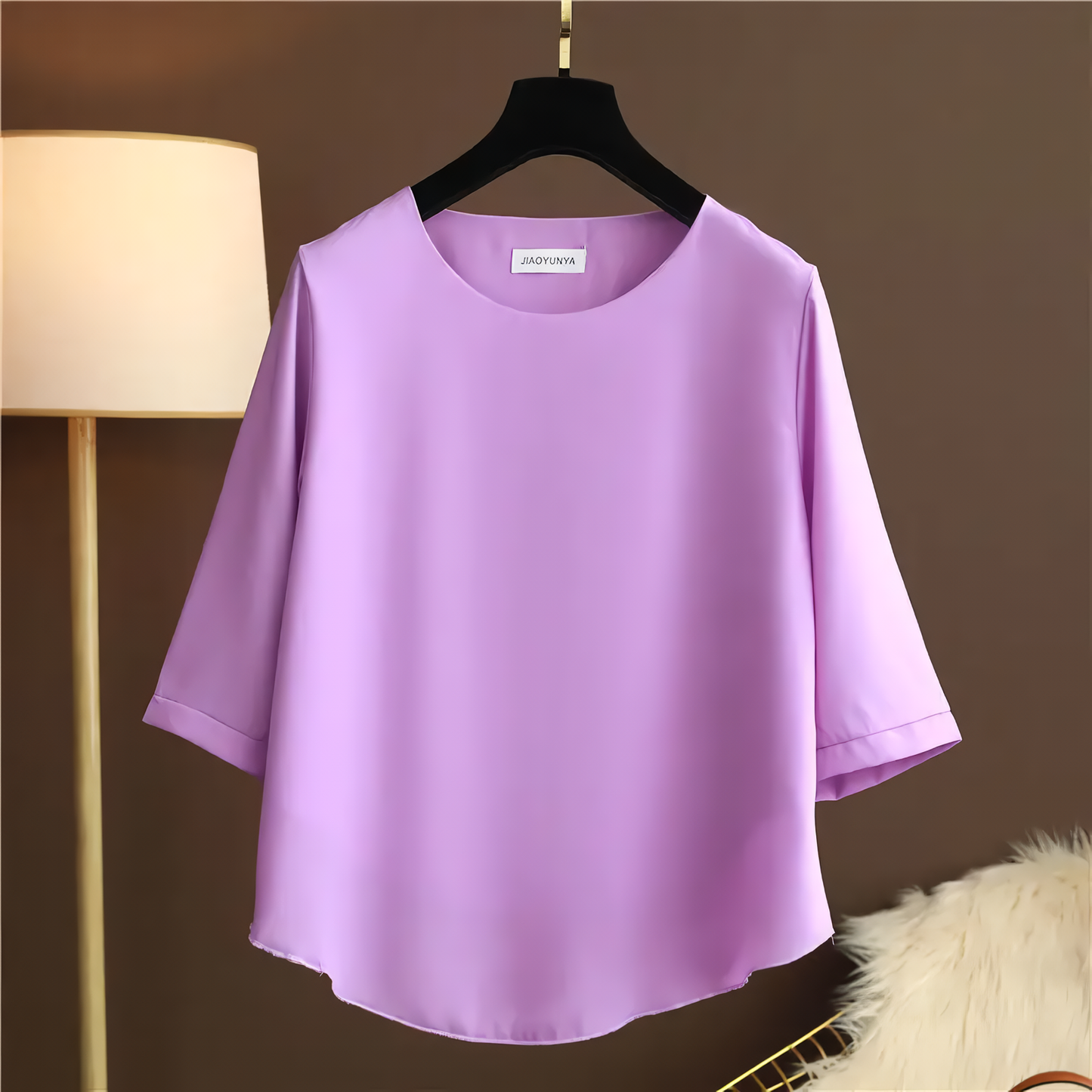 European Station Spring and Summer New Light Luxury Solid Color Chiffon Round Neck Shirt Loose Large Size Short-sleeved Shirt