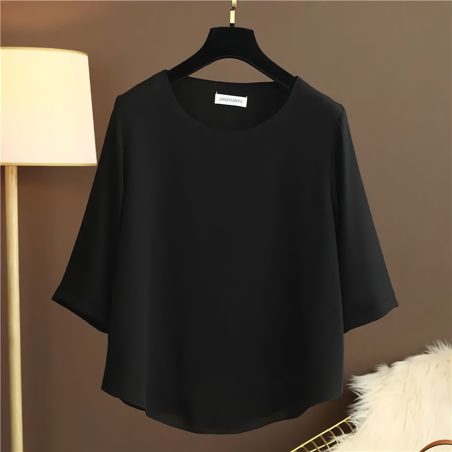 European Station Spring and Summer New Light Luxury Solid Color Chiffon Round Neck Shirt Loose Large Size Short-sleeved Shirt