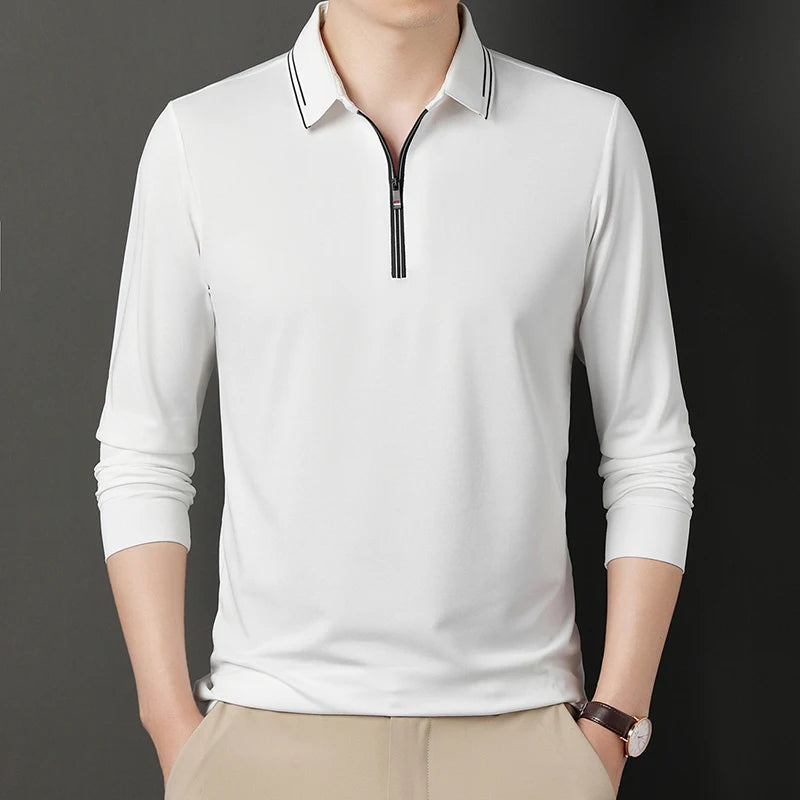 New Men Polo Shirts Long Sleeve Turn-down Collar T-shirts Zipper Business Casual Men Clothing