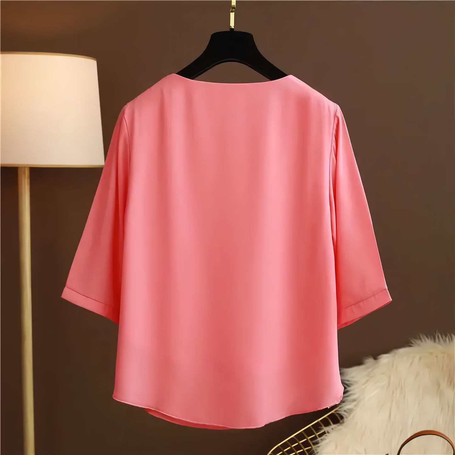 European Station Spring and Summer New Light Luxury Solid Color Chiffon Round Neck Shirt Loose Large Size Short-sleeved Shirt