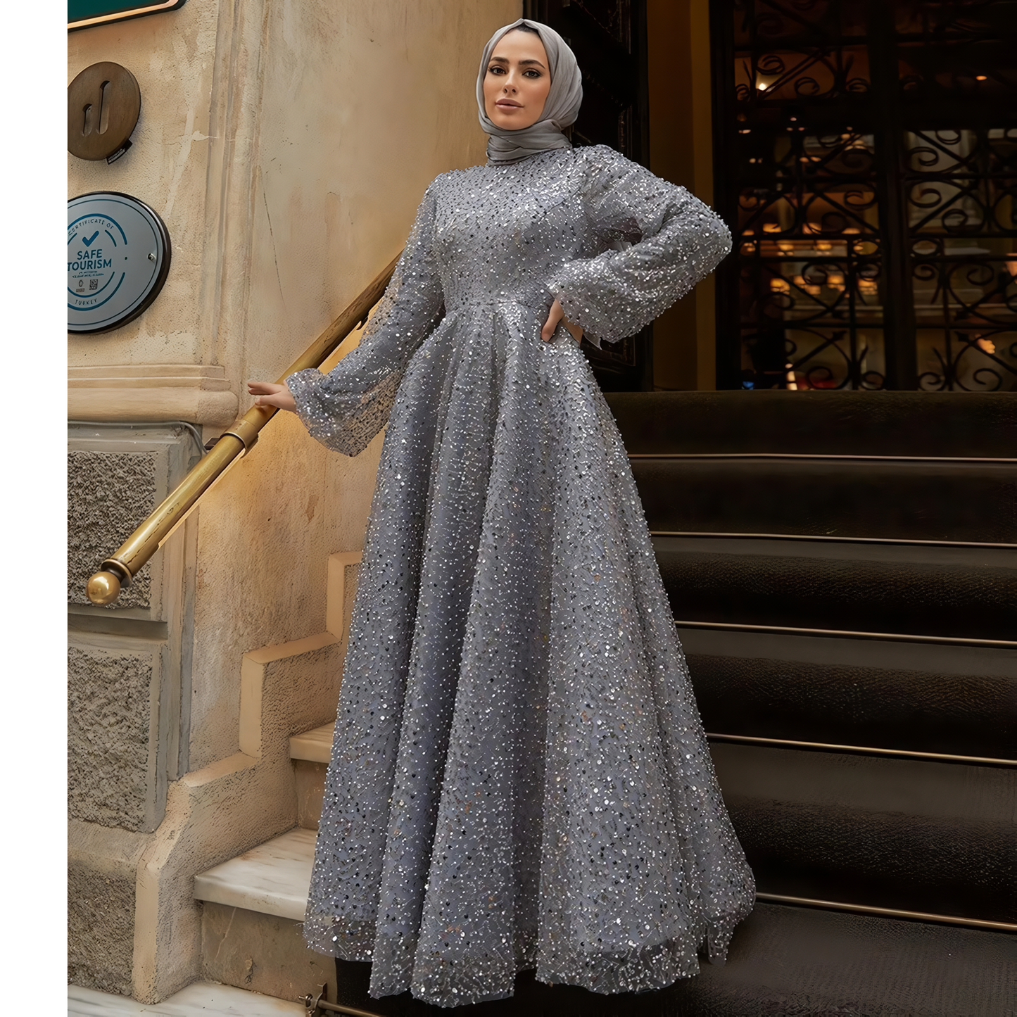 Alesyari Shop I 2023 Dubai A-Line Evening Wedding Gown for Muslim Women High Neck Long Sleeve Plus Size Sequined Formal Party Prom Dress