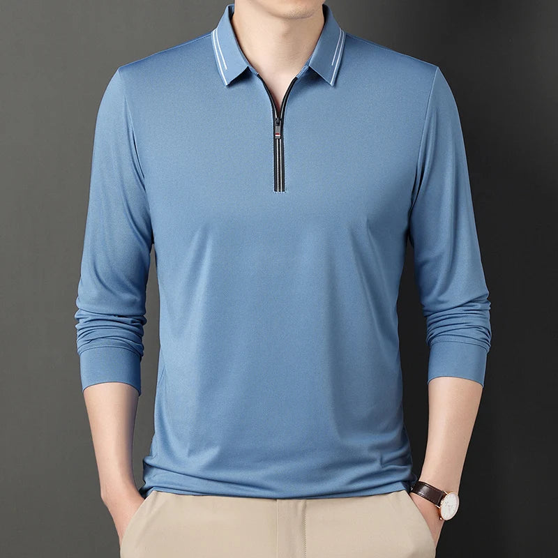 New Men Polo Shirts Long Sleeve Turn-down Collar T-shirts Zipper Business Casual Men Clothing