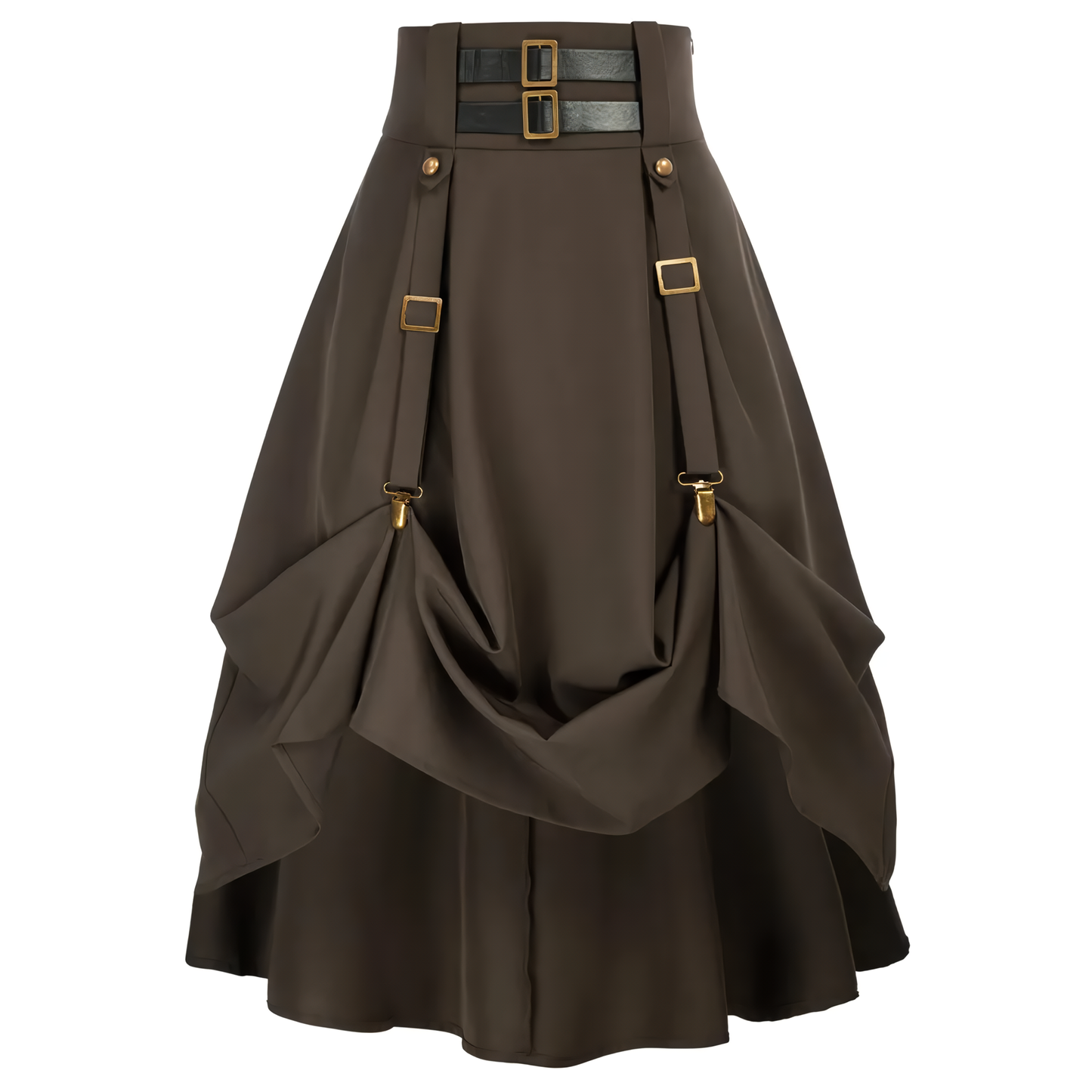 Goth Steampunk Midi Skirt: High Waist, Stretch, A-Line with Pockets, Adjustable Length