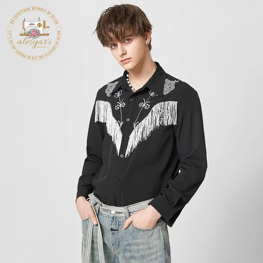 Alesysari Shop I 2024 Men Shirt Embroidered Tassel Patchwork Lapel Long Sleeve Fashion Camisa Streetwear Button Casual Men Clothing S-5XL