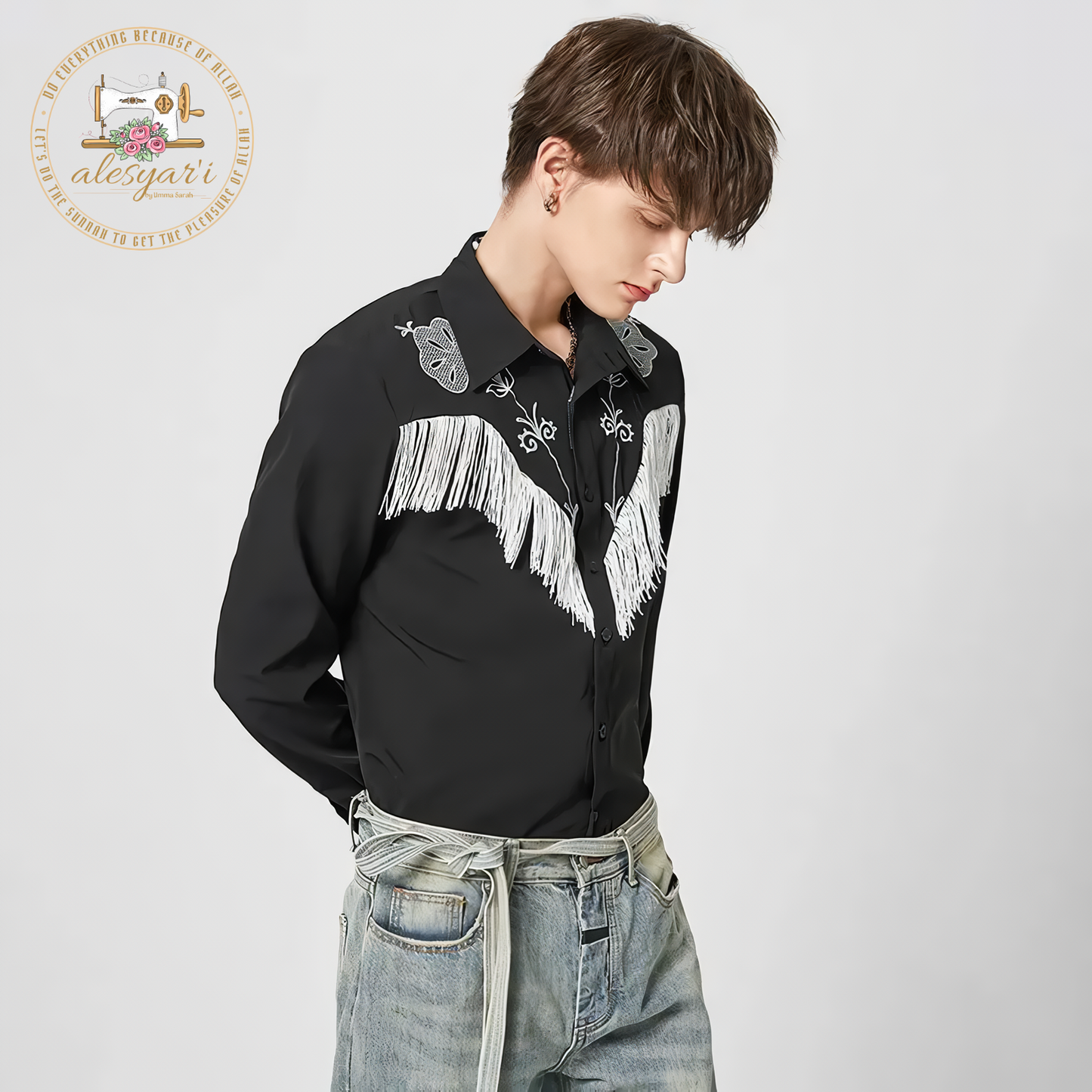 Alesysari Shop I 2024 Men Shirt Embroidered Tassel Patchwork Lapel Long Sleeve Fashion Camisa Streetwear Button Casual Men Clothing S-5XL