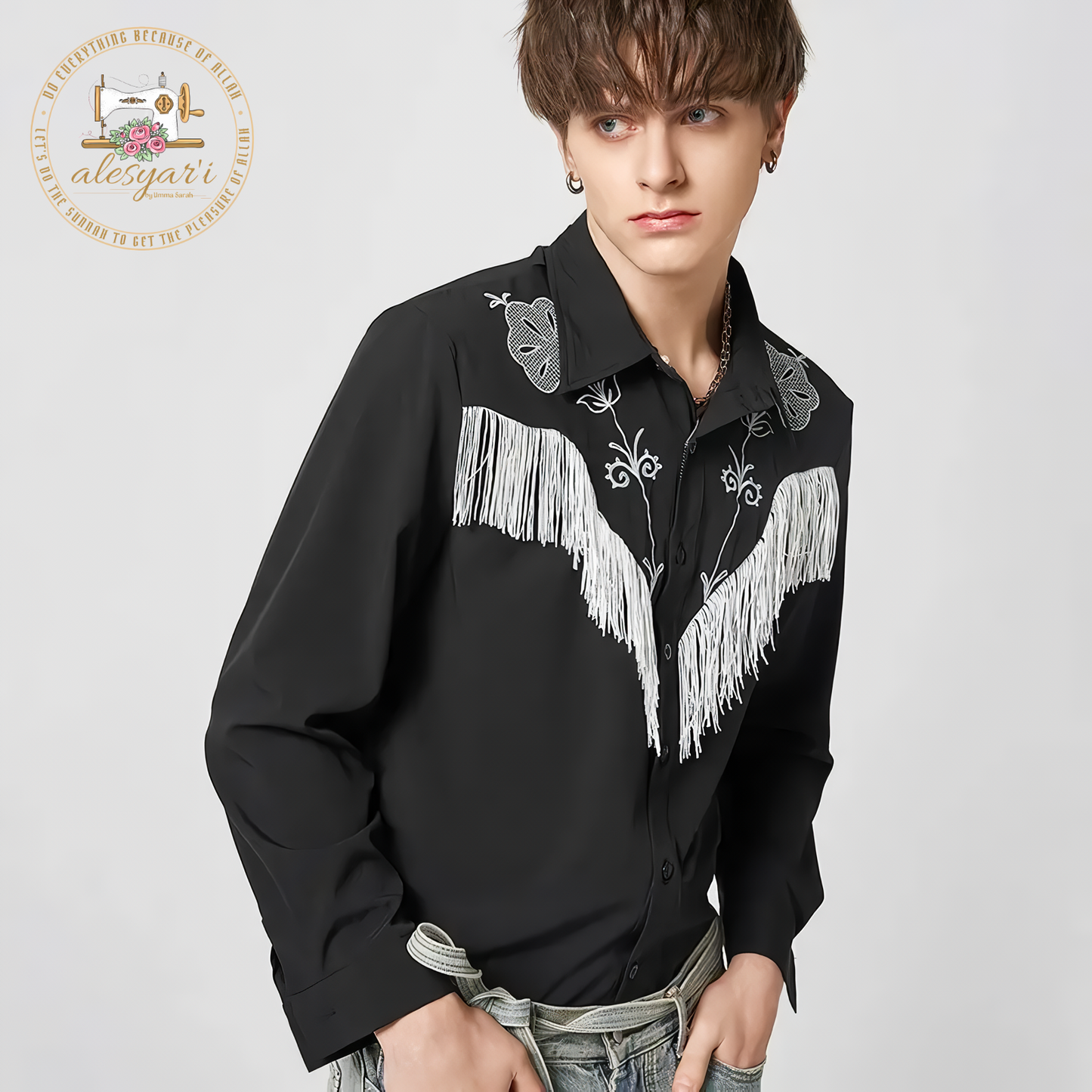 Alesysari Shop I 2024 Men Shirt Embroidered Tassel Patchwork Lapel Long Sleeve Fashion Camisa Streetwear Button Casual Men Clothing S-5XL