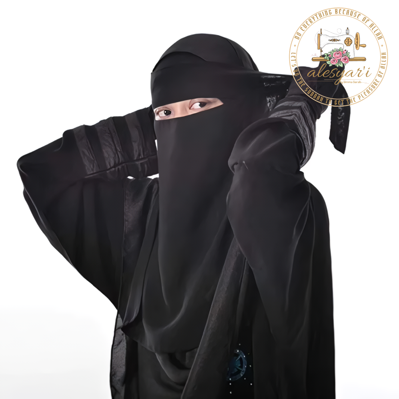 Alesyari Shop I Exquisite Single-Layer Chiffon Niqab: Premium Muslim Face Cover with Pull-On Hijab Hat, Tie-Back Islamic Scarf, and Headwrap for Women