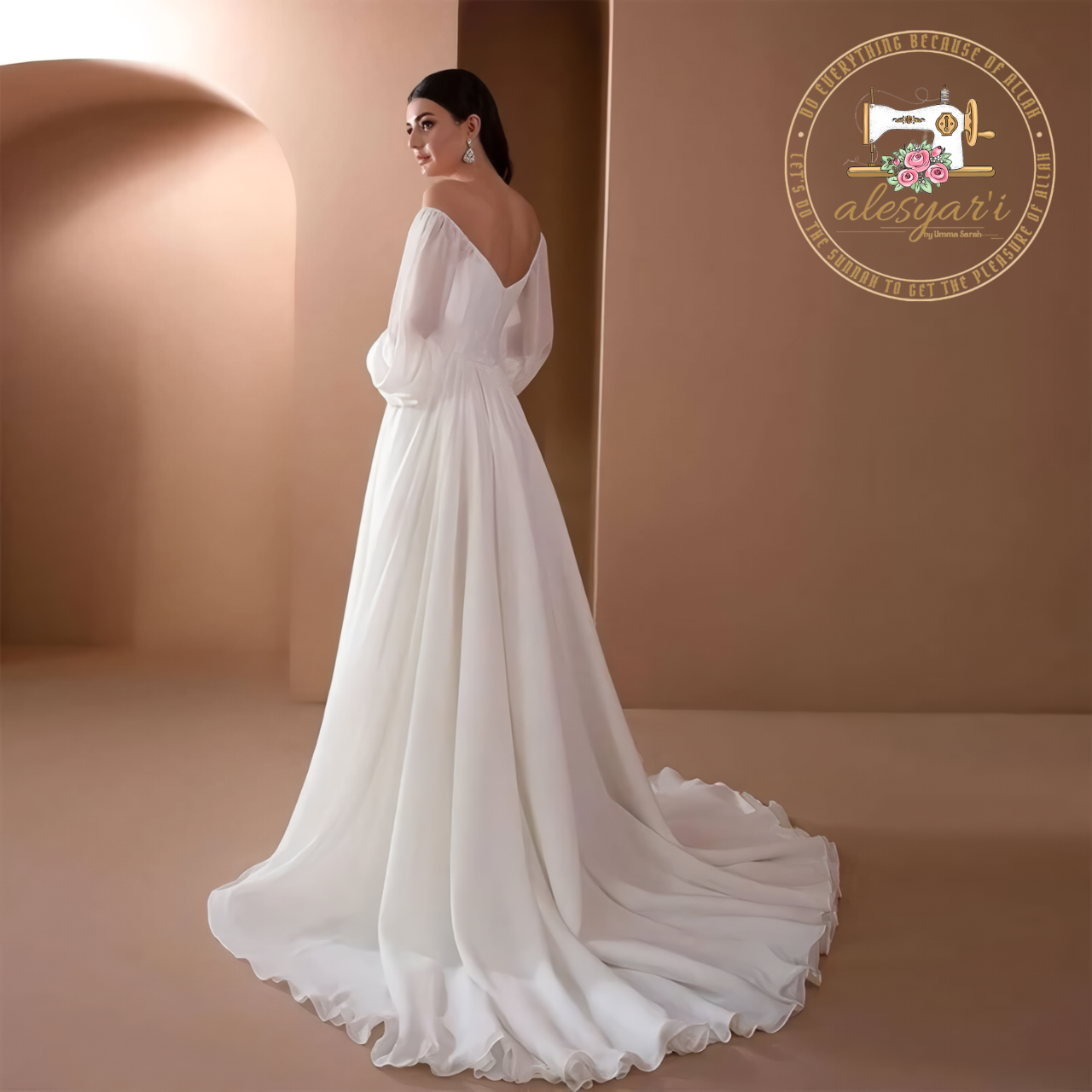 Alesyari Shop I Elegant Women's Wedding Evening Gown with Sexy Off-Shoulder V-Neck, Long Puff Sleeves, and Ruched Details - White Slim Fit Maxi Floor-Length Dress