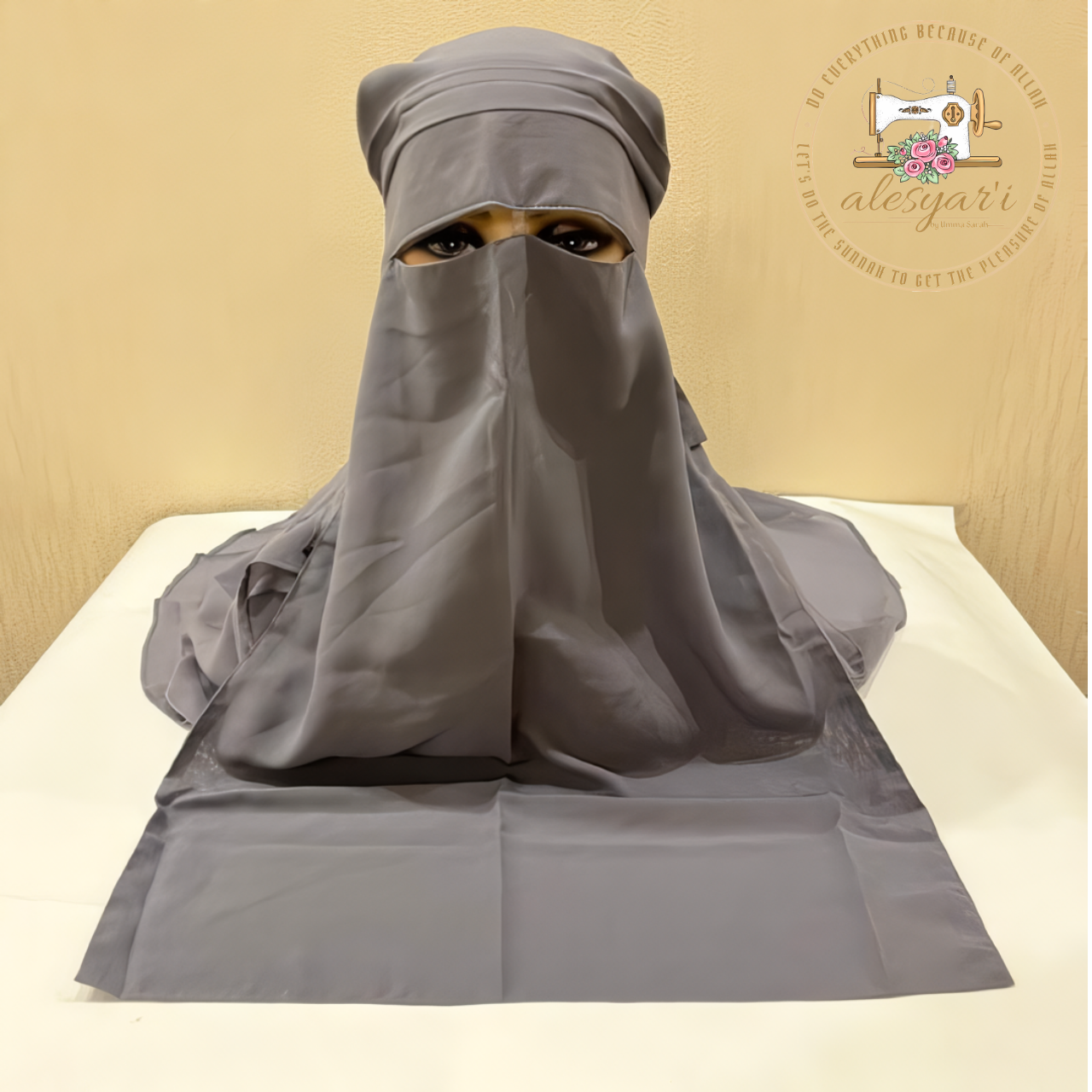 Alesyari Shop I High Quality Three Layers Chiffon Niqab Muslim Face Cover Hijab Hat Pull On Islamic Scarf Tie Back Headcover Women Headwrap