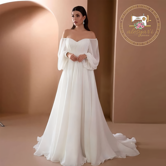 Alesyari Shop I Elegant Women's Wedding Evening Gown with Sexy Off-Shoulder V-Neck, Long Puff Sleeves, and Ruched Details - White Slim Fit Maxi Floor-Length Dress