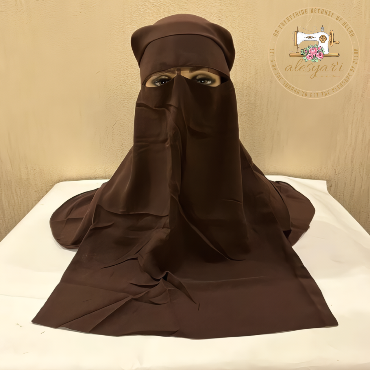 Alesyari Shop I High Quality Three Layers Chiffon Niqab Muslim Face Cover Hijab Hat Pull On Islamic Scarf Tie Back Headcover Women Headwrap