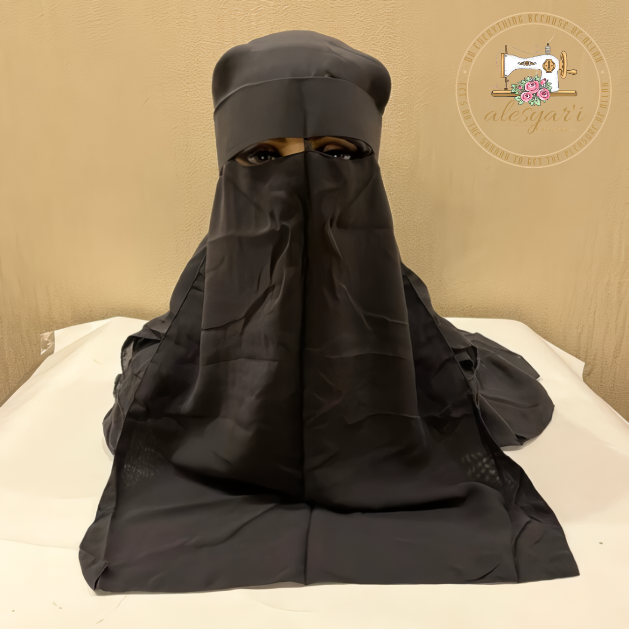 Alesyari Shop I High Quality Three Layers Chiffon Niqab Muslim Face Cover Hijab Hat Pull On Islamic Scarf Tie Back Headcover Women Headwrap